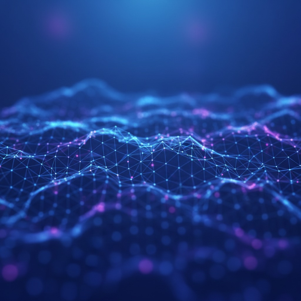 A digital landscape of glowing blue and purple nodes connected by lines in a wave-like pattern.