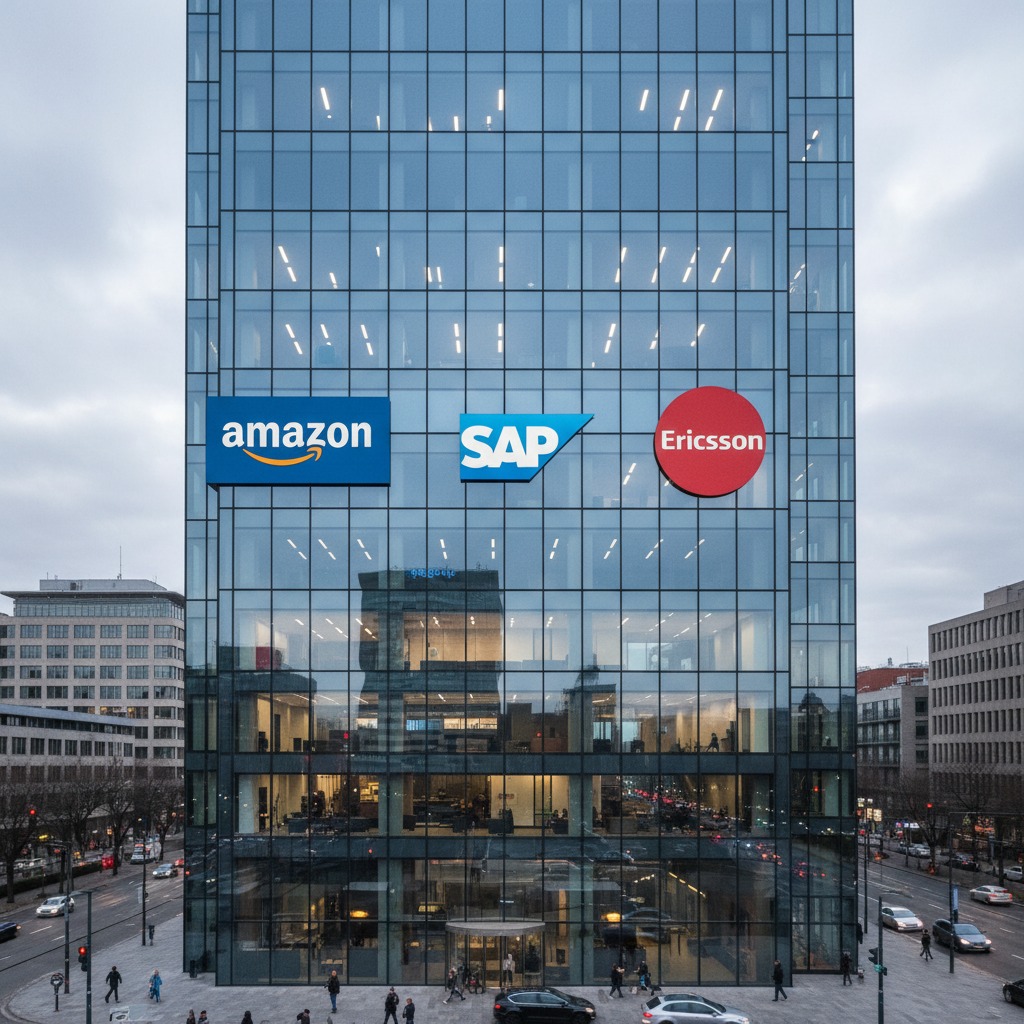 A modern glass skyscraper displays the Amazon, SAP, and Ericsson company logos on its facade above a busy city street.