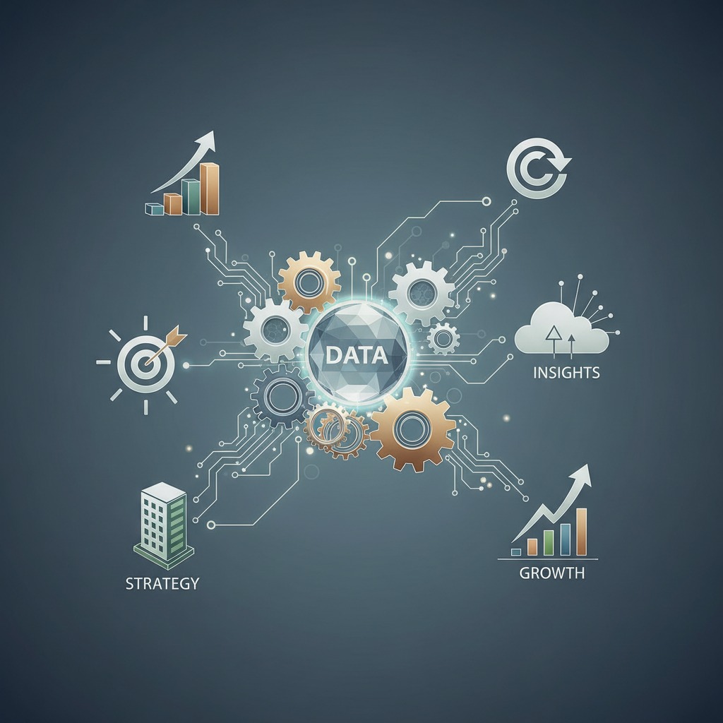 A central sphere labeled "DATA" is surrounded by interconnected gears and circuit lines, with icons representing strategy, insights, and growth arranged around the perimeter.